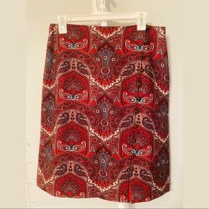 Red Brown Blue Paisley Talbots A-Line Skirt Size 8 w/button detail